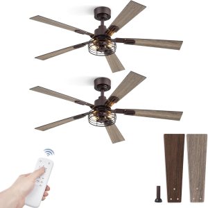 2 Pack Farmhouse 48 Inch Ceiling Fans with Lights, Industrial Caged Ceiling Fans for Bedroom Living Room, Double-Sided 5 Blades Rustic Ceiling Fan-Oil Bronze