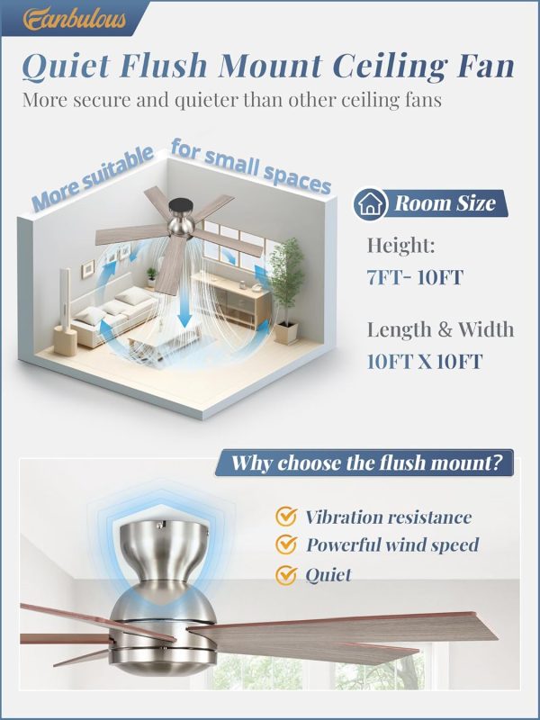 42 Inch Flush Mount Ceiling Fans no Light, Brushed Nickel Modern Ceiling Fans, 6-Speeds, Quiet Reversible DC Motor, Outdoor/Indoor Ceiling Fan for Patios, Living Room, Bedroom