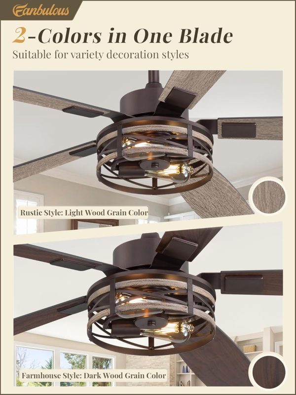 Farmhouse Ceiling Fans with Light, 60 Inch Bedroom Ceiling Fan with Lights, 6-Speed Adjustable, Quiet and Reversible DC Motor, 5 Dual Finish Blades, Rustic Caged Ceiling FanOil Bronze