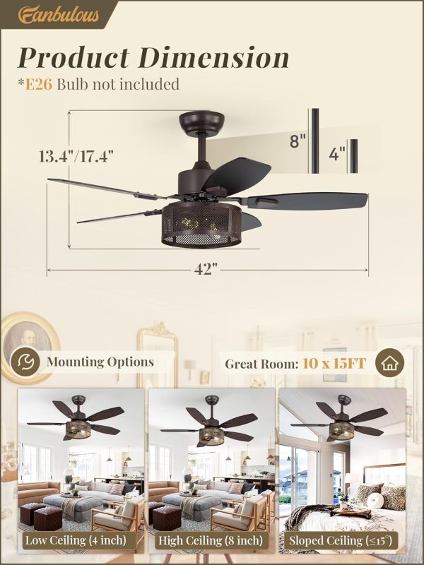 Farmhouse Oil Bronze Ceiling Fans with Lights and Remote, 42 Inch Bedroom Caged Ceiling Fans for Living Room Kitchen6 Speed Reversible Quiet DC Motor, Dual Finish 5 Blades
