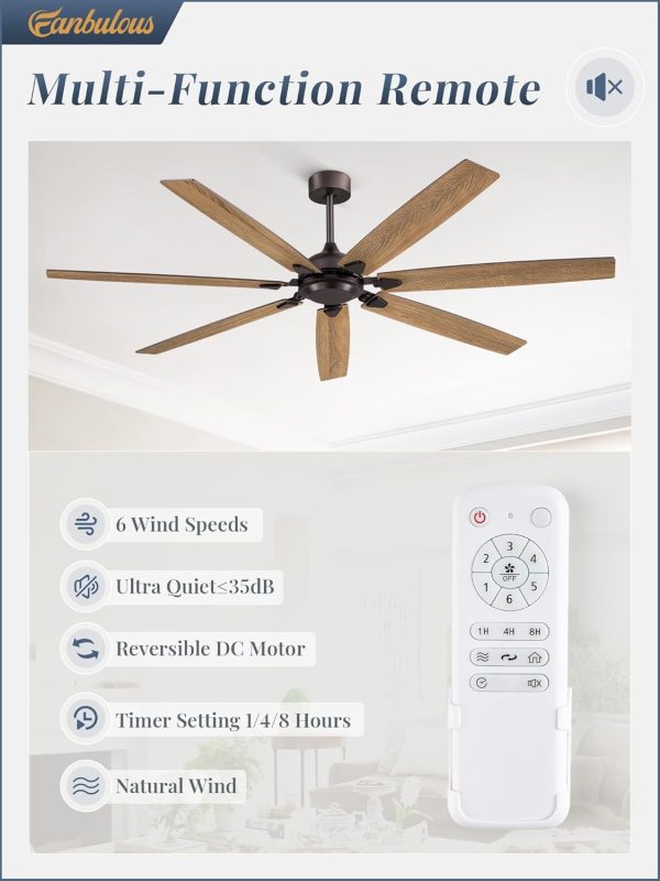 72 Inch Ceiling Fan No Light with Remote Control, Brown Ceiling Fans Without Light With 6-Speeds Quiet Reversible DC Motor, Indoor/Outdoor Ceiling Fan with Dual Finish 7 Blades for Patio Living Room