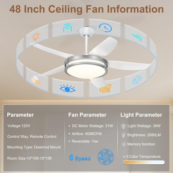 Fandelier Ceiling Fan with Light - Modern Ceiling Light Fixture with Fan and Remote, 3 Colors LED Ceiling Fan for Outdoor Patio Kitchen, Brushed Nickel & White