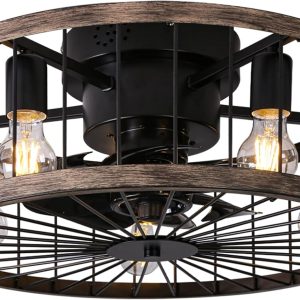 Flush Mount Caged Ceiling Fan with Lights Remote Control, 20 Inch Low Profile Farmhouse Ceiling Fan, Bladeless Enclosed Rustic Wood Color Edge Ceiling Fans for Living Room Bedroom