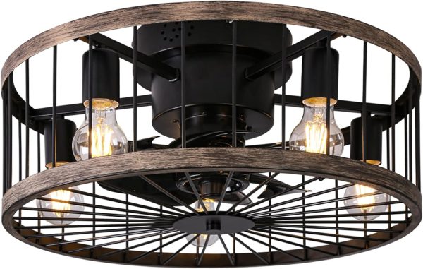 Flush Mount Caged Ceiling Fan with Lights Remote Control, 20 Inch Low Profile Farmhouse Ceiling Fan, Bladeless Enclosed Rustic Wood Color Edge Ceiling Fans for Living Room Bedroom