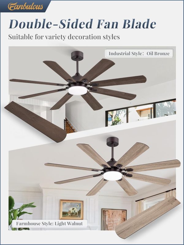 62 Inch Ceiling Fans with Lights, Oil Bronze Modern Ceiling Fan with Remote,Large Farmhouse Indoor & Outdoor Ceiling Fan with 8 Dual Finish Blades, Quiet DC Motor, Bright LED Light
