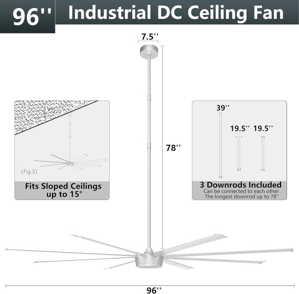 Large Industrial Ceiling Fan - DC Motor Shop Ceiling Fan with Remote Control Commercial Ceiling Fan for Warehouse Garage Gym, Silver Grey No Light