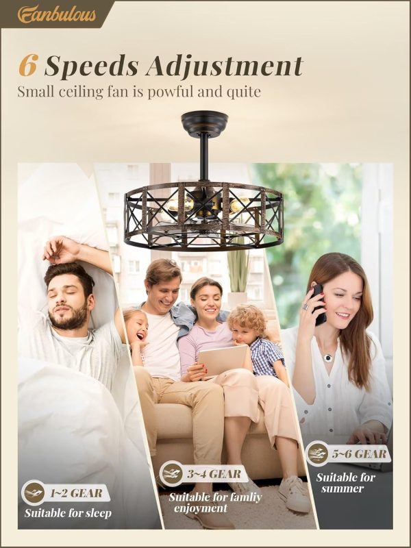 20 Inch Fandelier Caged Ceiling Fans with Lights and Remote, Black Farmhouse Ceiling Fan, Bladeless Samll Fan Lights Ceiling Fixtures for Kitchen, Bedroom-Black and Gold