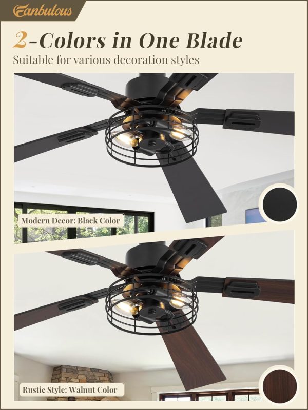 2 Pack Farmhouse 48 Ceiling Fans with Lights, Industrial Caged Ceiling Fans for Bedroom Living Room, Double-Sided 5 Blades Rustic Ceiling Fan-Black