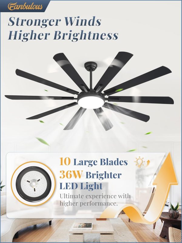 72 Inch Ceiling Fans with Lights and Remote, Outdoor Black Large Ceiling Fan with 10 Blades, 36W LED Light 3CCT, 6 Speed Reversible DC Motor, Modern Big Ceiling Fan for Living Room,Patio.