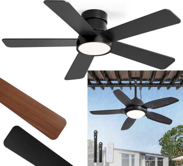 42 Inch Ceiling Fans with Lights and 42 Inch waterproof Outdoor Ceiling Fan with Lights and Remote,IP65 Hanging Gazebo Fan with 3CCT 6-Speed DC MotorBlack