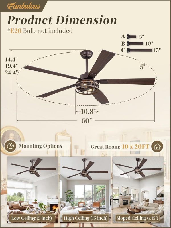 Farmhouse Ceiling Fans with Light, 60 Inch Bedroom Ceiling Fan with Lights, 6-Speed Adjustable, Quiet and Reversible DC Motor, 5 Dual Finish Blades, Rustic Caged Ceiling FanOil Bronze
