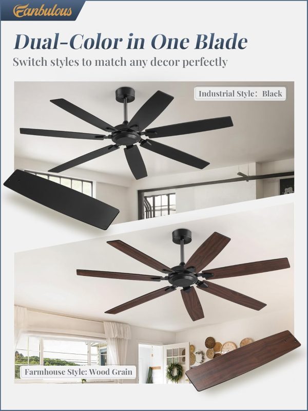 62 Inch Ceiling Fan No Light with Remote Control, Black Ceiling Fans Without Light With 6-Speeds Quiet Reversible DC Motor, Indoor/Outdoor Ceiling Fan with Dual Finish 7 Blades for Patio Living Room