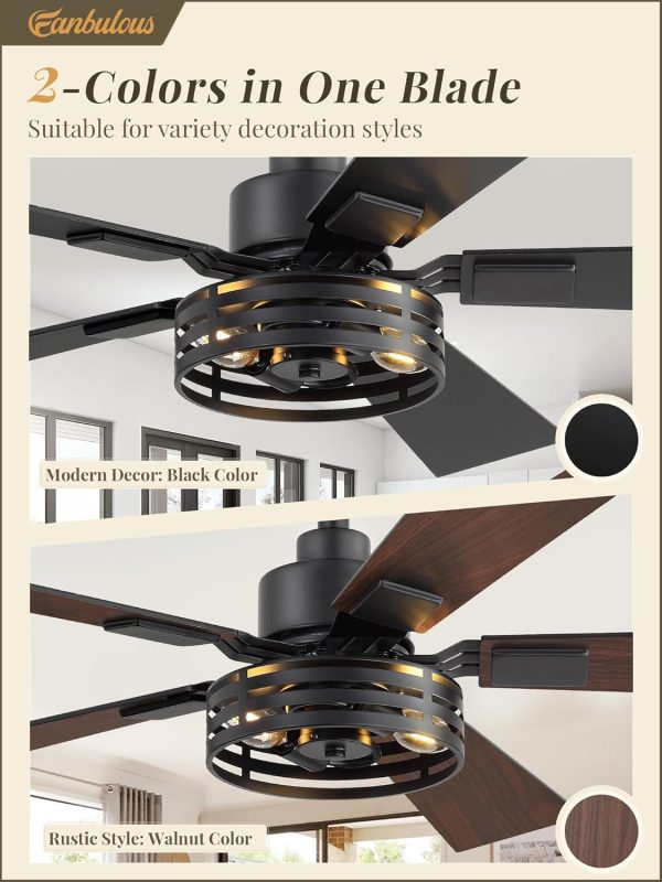 Farmhouse Caged Ceiling Fans with Lights and Remote, 42 Inch Black Bedroom Ceiling Fans for Living Room Kitchen6 Speed Reversible Quiet DC Motor, Dual Finish 5 Blades