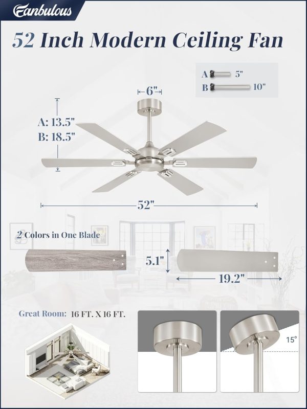 52 Inch Ceiling Fans No Light with Remote, Modern Ceiling Fan Without Light, Dual Finish 6 Blades, Reversible Quiet DC Motor, 6 Speed, Large Ceiling Fan for Indoor or Covered Outdoor, Nickel