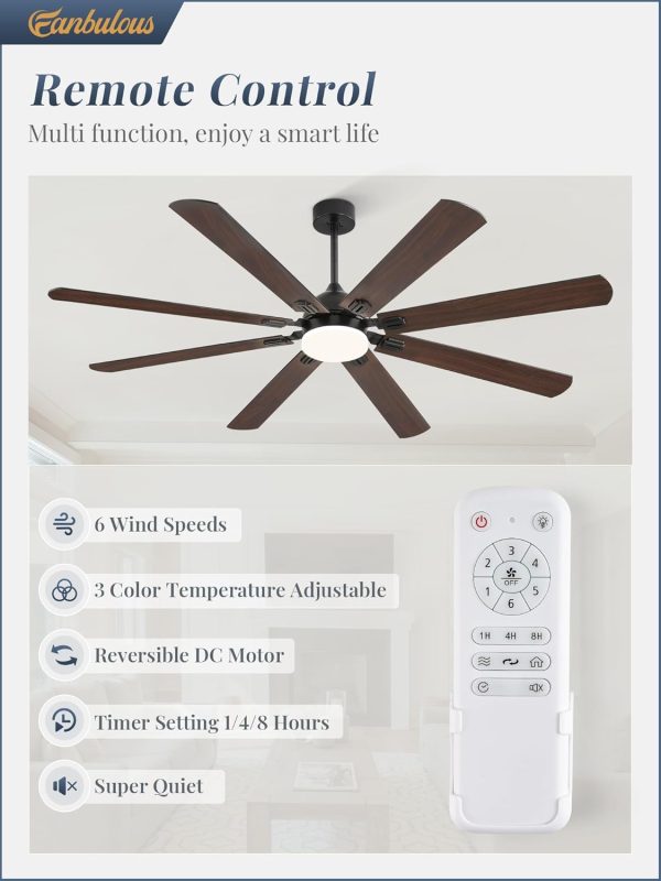 72 Inch Ceiling Fans with Lights, Black Modern Ceiling Fan with Remote,Large Farmhouse Indoor & Outdoor Ceiling Fan with 8 Dual Finish Blades, Quiet DC Motor, Bright LED Light