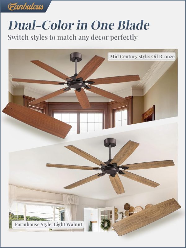 62 Inch Ceiling Fan No Light with Remote Control, Brown Ceiling Fans Without Light With 6-Speeds Quiet Reversible DC Motor, Indoor/Outdoor Ceiling Fan with Dual Finish 7 Blades for Patio Living Room