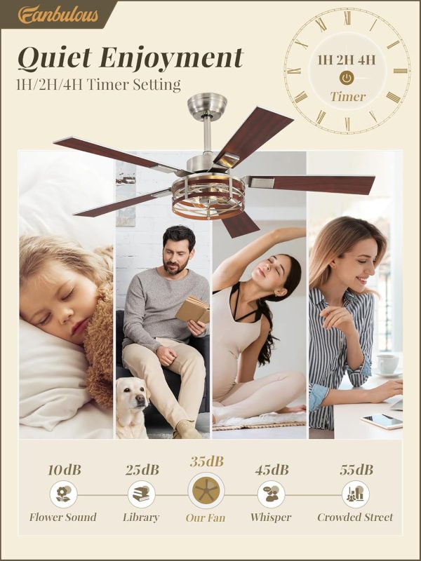 Farmhouse Ceiling Fans with Light, 48 Inch Bedroom Ceiling Fan with Lights, 6-Speed Adjustable, Quiet and Reversible DC Motor, 5 Dual Finish Blades, Rustic Caged Ceiling FanBrushed Nickel