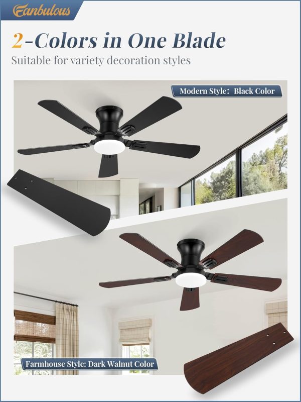 2 Pack 42 Inch Ceiling Fans with Lights and Remote, Low Profile Indoor Black Ceiling Fan with 6 Speeds & 3CCT, Flush Mount, Dual-Finish 5 Blades,Quiet DC Motor for Living Room Bedroom