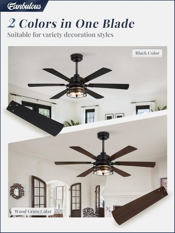 Farmhouse Ceiling Fans with Lights and Remote,Industrial Large Ceiling Fan with 6-Speed Reversible DC Motor and 6 Dual Finish Blades,Black Ceiling Fan with Light for Living bedroom Patio