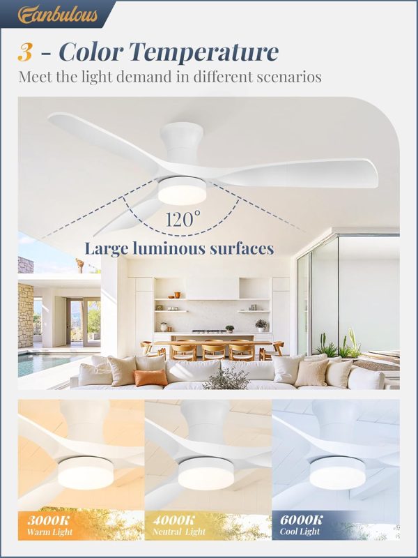 52 Inch Ceiling Fans with Lights and Remote, 3 Blades Flush Mount Low Profile Ceiling fan, Efficient 3475 CFM, Safe ABS, Timer, Quiet 35dB, 3CCT, Reversible for Bedroom Living Room, White