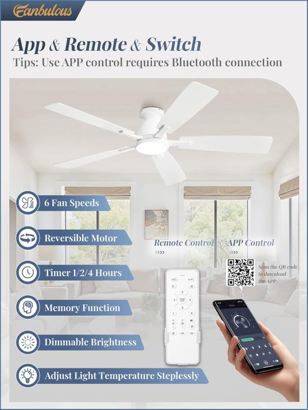 52 inch Ceiling Fans with Lights, Smart Flush Mount Ceiling Fan and Remote APP, Modern Low Profile, 3CCT 20W LED with 6-Speeds Quiet Reversible Motor for Bedroom, Living Room, Kitchen, White