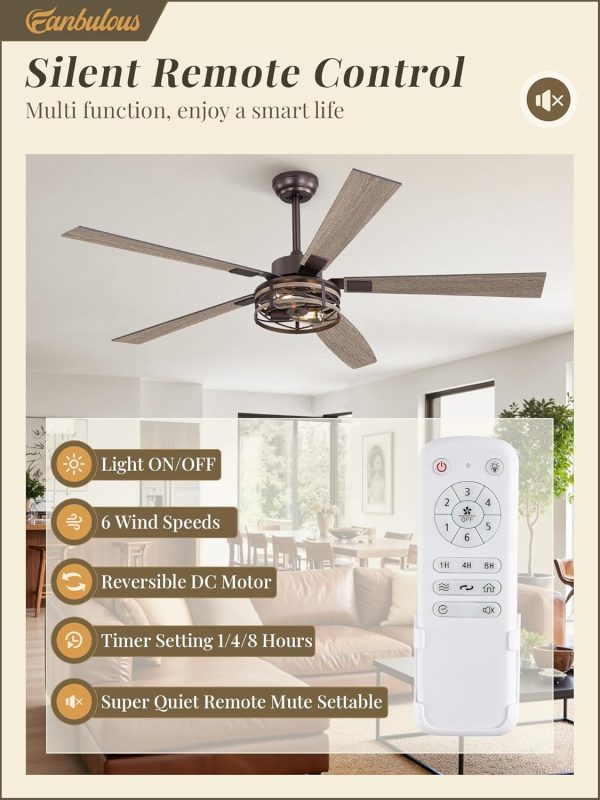 Farmhouse Ceiling Fans with Light, 60 Inch Bedroom Ceiling Fan with Lights, 6-Speed Adjustable, Quiet and Reversible DC Motor, 5 Dual Finish Blades, Rustic Caged Ceiling FanOil Bronze