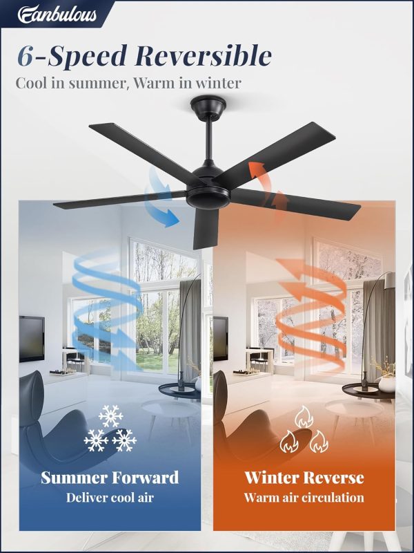 52 Inch Ceiling Fans No Light with Remote, Black Indoor/Outdoor Ceiling Fan Without Light with Quiet Reversible DC Motor, 6 Speeds, 5 Blades Modern Ceiling Fan for Living Room Bedroom Patio