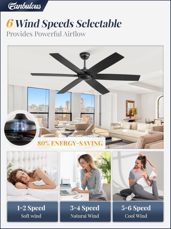 60 inch Ceiling Fan No LightBlack Ceiling Fan with Remote, Flush Mount Low Profile, Quiet DC Motor & Reversible, Indoor/Outdoor Ceiling Fans without Light for Bedroom, Living Room, Patio