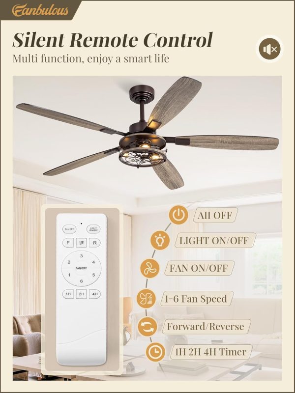 60 Inch Farmhouse Ceiling Fan with Light and Remote, Oil Bronze Industrial Flush Mount Ceiling Fans with 6 Speed Reversible Motor and Dual Finish 5 Blades, Rustic Ceiling Fan for Living room, Bedroom