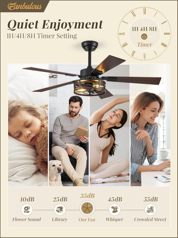 Farmhouse Ceiling Fans with Light, 48 Inch Bedroom Ceiling Fan with Lights, 6-Speed Adjustable, Quiet and Reversible DC Motor, Dual Finish 5 Blades, Rustic Caged Ceiling Fan for Living Room