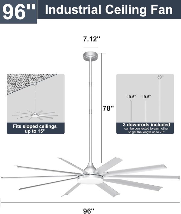 Industrial Ceiling Fan with Bright Lights - Remote/APP Control, High CFM, Large Ceiling Fan for Shop, Covered Outdoor, Great Room, Silver