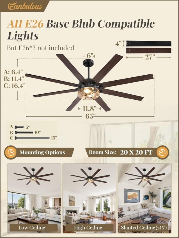 65 Inch Farmhouse Ceiling Fan with Lights & Remote Control, Quiet Reversible DC Motor, Wooden Blades, Seeded Glass Lampshade - Ideal for Bedroom, Living Room, Dining Room
