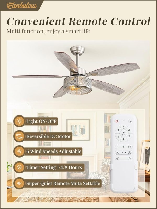 Farmhouse Brushed Nickel Ceiling Fans with Lights and Remote, 52 Inch Bedroom Caged Ceiling Fans for Living Room Kitchen6 Speed Reversible Quiet DC Motor, Dual Finish 5 Blades