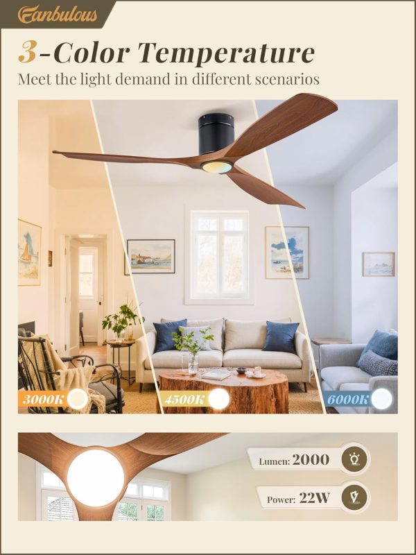 Ceiling Fans with Lights and Remote Control,Modern Flush Mount Ceiling Fan with 3 LED Colors,Outdoor Low Profile Ceiling Fans with 6-Speeds Timer DC Motor for Bedroom Living Room Patio