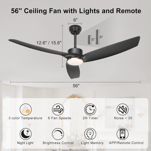 56 Inch Black Ceiling Fan with Lights, Modern 3 Blades Ceiling Fan with Remote/APP Control, Reversible DC Motor, Dimmable 3 CCT, Indoor Outdoor Fan for Covered Patios Living Room