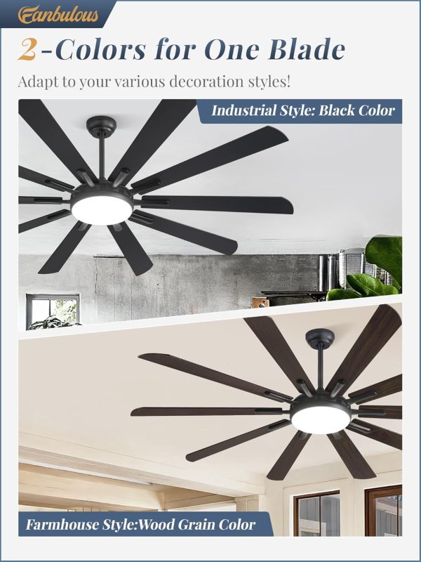 72 Inch Ceiling Fans with Lights and Remote, Outdoor Black Large Ceiling Fan with 10 Blades, 36W LED Light 3CCT, 6 Speed Reversible DC Motor, Modern Big Ceiling Fan for Living Room,Patio.