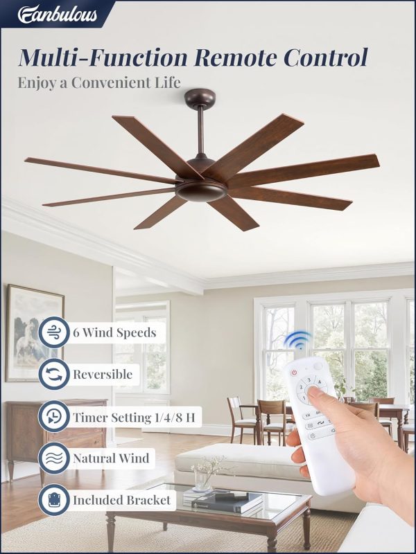 62 Inch Oil Rubbed Bronze Ceiling Fans No Light, Farmhouse Ceiling Fan with Remote, 6-Speeds, Quiet Reversible DC Motor, 8 Blades, Indoor/Outdoor Rustic Ceiling Fan for Living Room, Garage, Patio