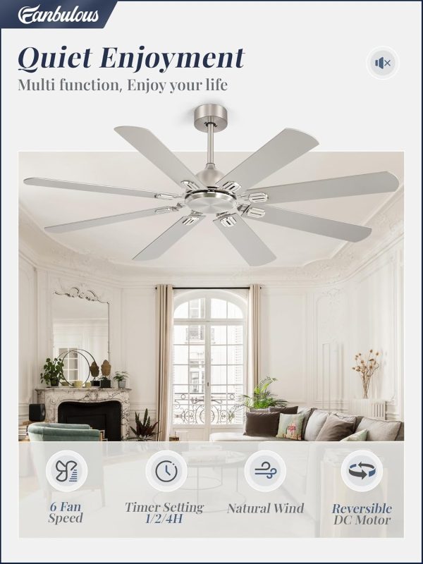 62 Inch Ceiling Fans No Light with Remote, Modern Ceiling Fan Without Light, Dual Finish 8 Blades, Reversible Quiet DC Motor, 6 Speed, Large Ceiling Fan for Indoor or Covered Outdoor, Nickel