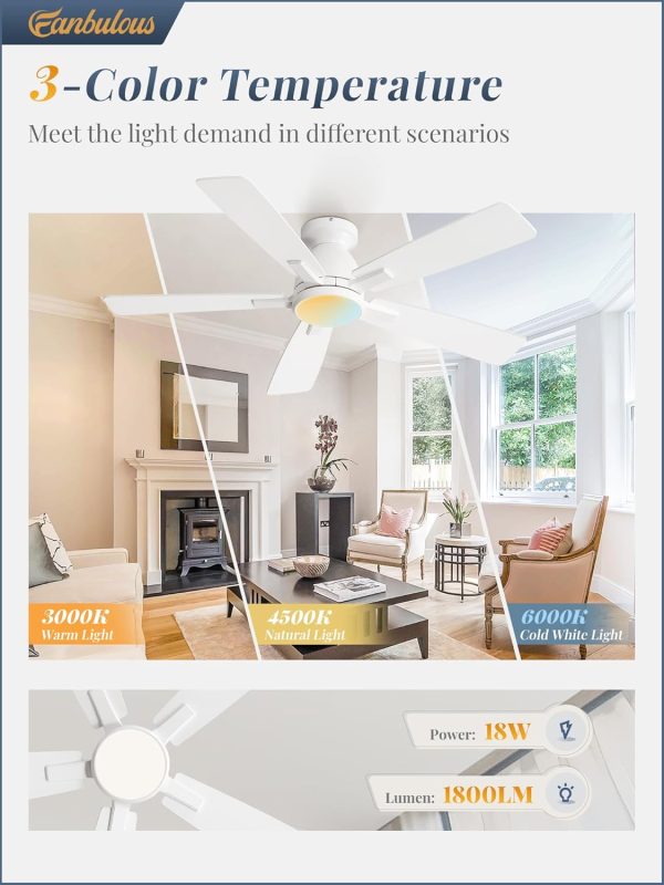 46 inch Ceiling Fans with Lights, Flush Mount Ceiling Fan and Remote, Modern Low Profile, 3CCT 20W LED Light with 6-Speeds Quiet Reversible Motor, for Bedroom, Living Room, Apartment, White