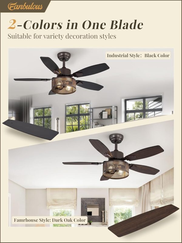 Farmhouse Oil Bronze Ceiling Fans with Lights and Remote, 42 Inch Bedroom Caged Ceiling Fans for Living Room Kitchen6 Speed Reversible Quiet DC Motor, Dual Finish 5 Blades