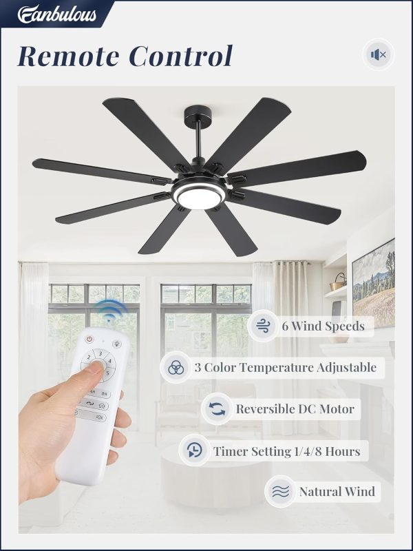 65 Inch Ceiling Fans with Lights and Remote, Black Ceiling Fan with 8 Dual-Color Blades, Indoor/Outdoor Large Ceiling Fans, Reversible DC Motor, 6-Speed, 3CCT for Living Room Kitchen Patio