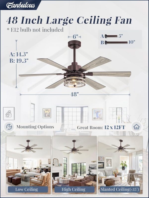 48 Inch Ceiling Fans with Lights and Remote,Industrial Large Ceiling Fan with 6-Speed Reversible DC Motor and 6 Dual Finish Blades,Ceiling Fan with Light for Living bedroom Patio