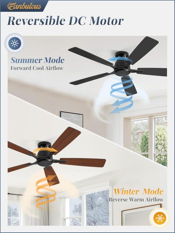 52 Inch Flush Mount Ceiling Fan No Light with Remote,Black Modern Low Profile Ceiling Fan Without Light,6-Speeds,Quiet Reversible DC Motor,Indoor&Outdoor Ceiling Fans for Bedroom,Living Room