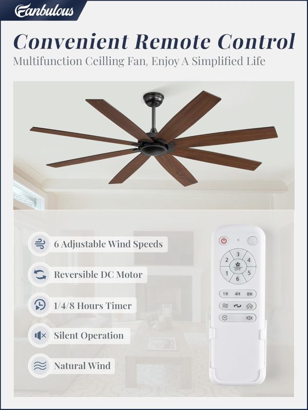 65 inch Indoor/Outdoor Ceiling Fan No LightQuiet DC Motor Fan Reversible 6-Speeds, 8 Blades Ceiling Fans with remote for Bedroom Low Profile Ceiling Fan for Living Room for Patio(Black)