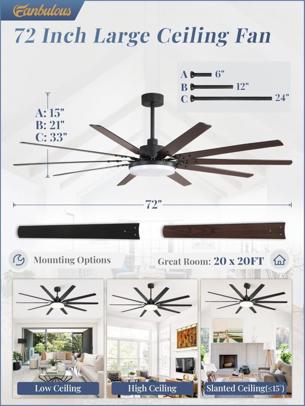 72 inch Large Ceiling Fans with Lights and Remote, Reversible DC Motor,3 CCT, 6 Speed, Modern Ceiling Fan for Living Room Patio, Black