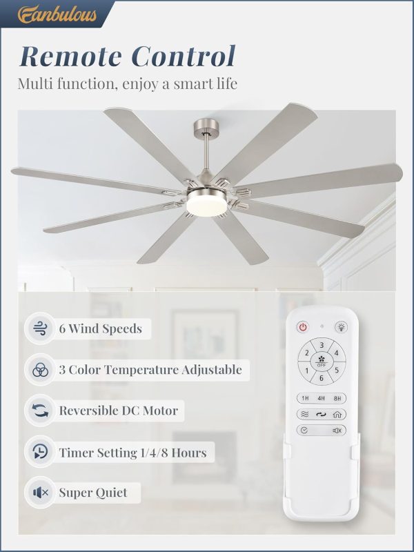 80 Inch Ceiling Fans with Lights,Nickel Modern Ceiling Fan with Remote,Large Farmhouse Indoor & Outdoor Ceiling Fan with 8 Dual Finish Blades, Quiet DC Motor, Bright LED Light