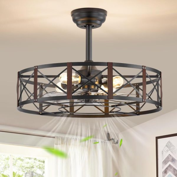 23 Inch Fandelier Caged Ceiling Fans with Lights and Remote, Black Bladeless Ceiling Fan with 6 Speeds and Timing, Farmhouse Samll Fan Lights Ceiling Fixtures For Kitchen, Bedroom-Walnut