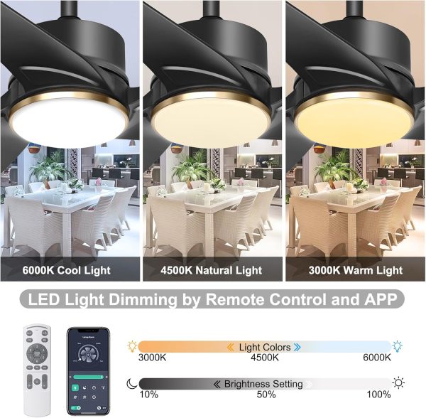 56 Inch Black Ceiling Fan with Lights, Modern 3 Blades Ceiling Fan with Remote/APP Control, Reversible DC Motor, Dimmable 3 CCT, Indoor Outdoor Fan for Covered Patios Living Room