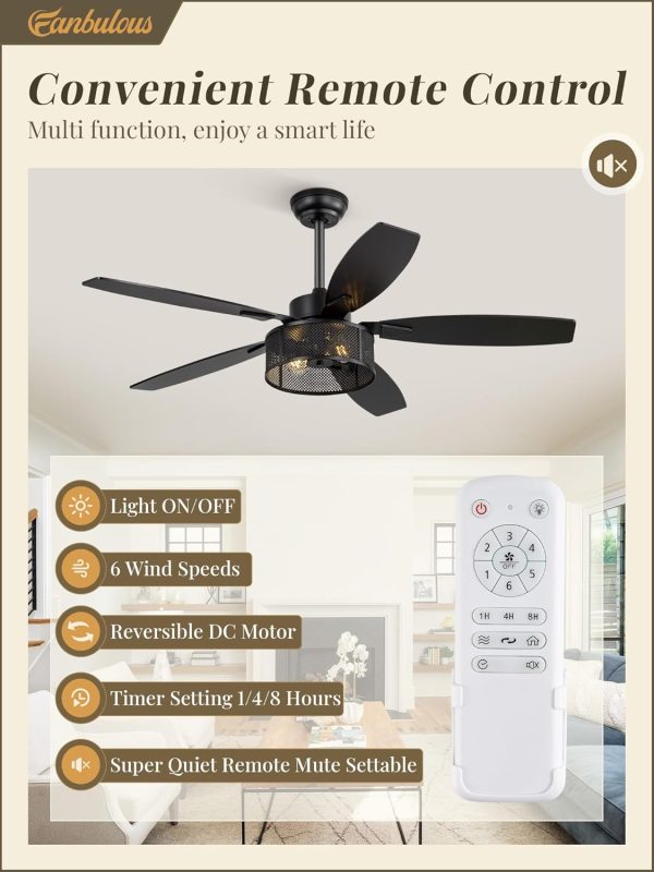 52 Inch Farmhouse Ceiling Fan with Light and Remote, Black Industrial Caged Ceiling Fans Flush Mount, 5 Dual Finish Blades, 6-Speed Reversible Quiet DC Motor, Rustic Design for Bedroom, Living Room
