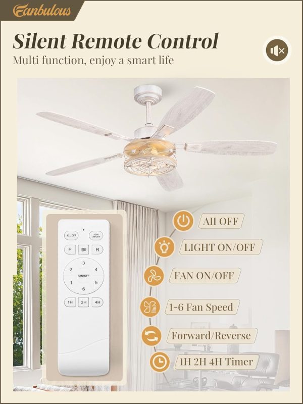 52 Inch Farmhouse Ceiling Fan with Light and Remote, White and Gold Flush Mount Ceiling Fans with 6 Speed Reversible Motor and Dual Finish 5 Blades, Rustic Ceiling Fan for Living Room, Bedroom